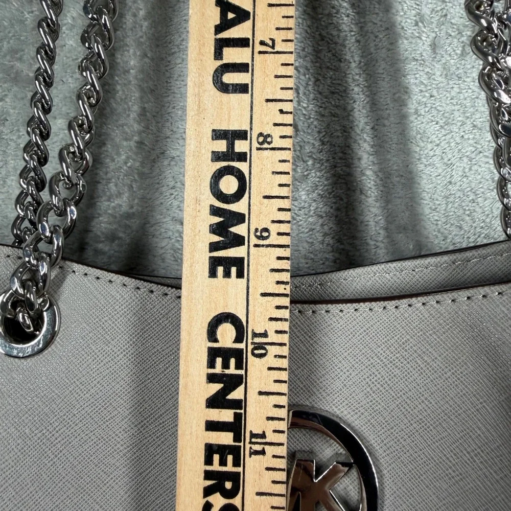 Michael Kors Jet Set Medium Chain Shoulder Tote Bag Gray Silver Metallic Classic